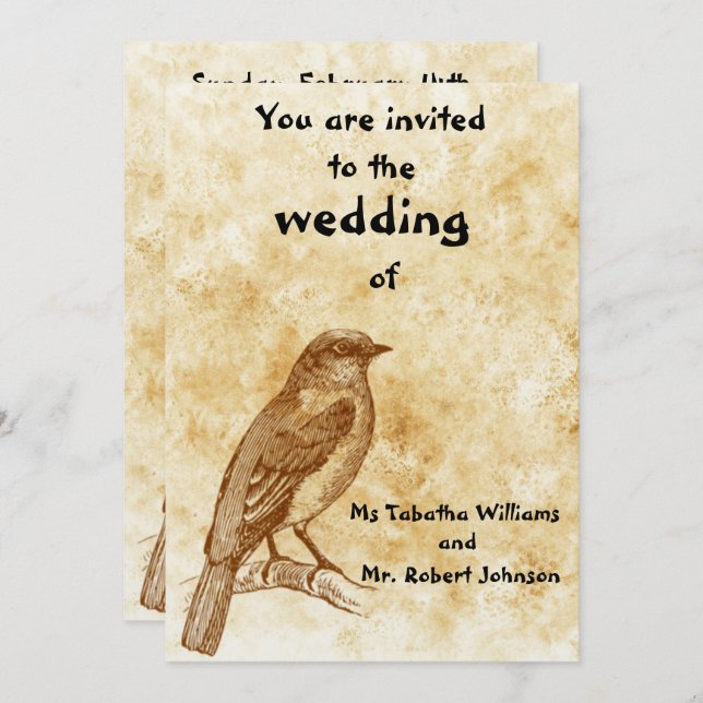 Cute Vintage Bird Design Wedding Invitation (Front/Back)