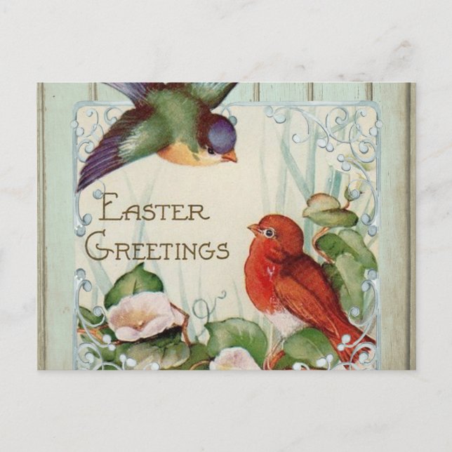 Cute Vintage Birds Easter Greetings Postcard (Front)