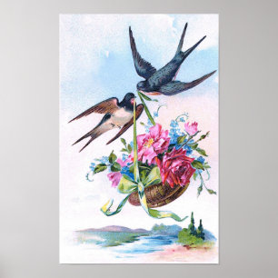 Cute Vintage Birds & Flowers Floral Poster