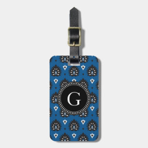 Cute vintage black blue girly ikat tribal pattern luggage tag