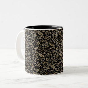 Cute vintage black brown floral pattern Two-Tone coffee mug