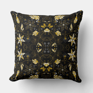 Cute vintage black golden floral background cushion