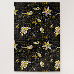 Cute vintage black golden floral background jigsaw puzzle