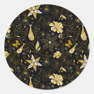 Cute vintage black golden floral pattern classic round sticker