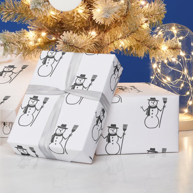 Cute Vintage Black White Snowman Wrapping Paper (Holidays)