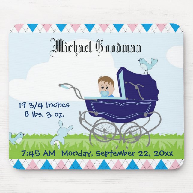 Cute Vintage Blue Baby Boy Carriage Mouse Pad (Front)