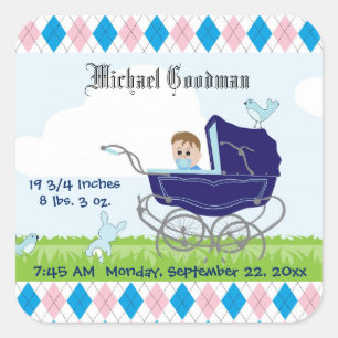 Cute Vintage Blue Baby Boy Carriage Square Sticker