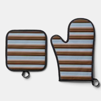 Cute vintage blue brown stripes oven mitt & pot holder set