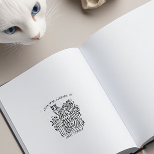 Cute Vintage Bookshelf Cat  Rubber Stamp