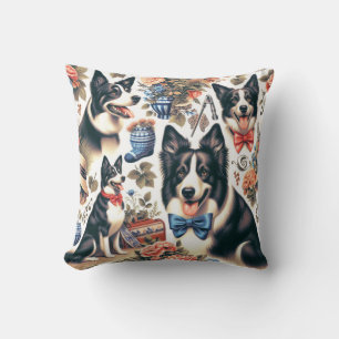 Cute Vintage Border Collie Illustration Cushion