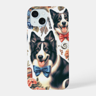 Cute Vintage Border Collie Illustration iPhone 15 Case