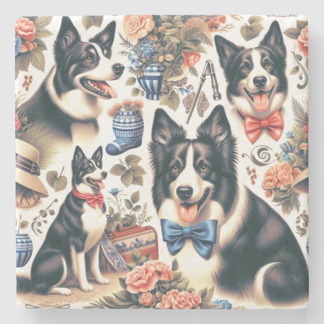 Cute Vintage Border Collie Illustration Stone Coaster (Front)