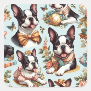Cute Vintage Boston Terrier Illustration Square Sticker