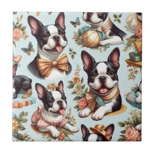 Cute Vintage Boston Terrier Illustration Tile