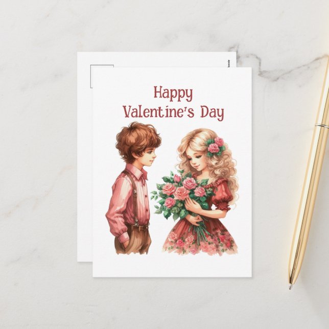 Cute vintage boy girl Valentine Holiday Postcard (Front/Back In Situ)