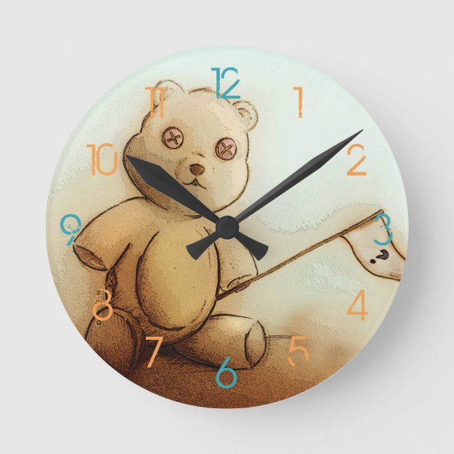 Cute Vintage Brown Teddy Bear, Round Clock (Front)