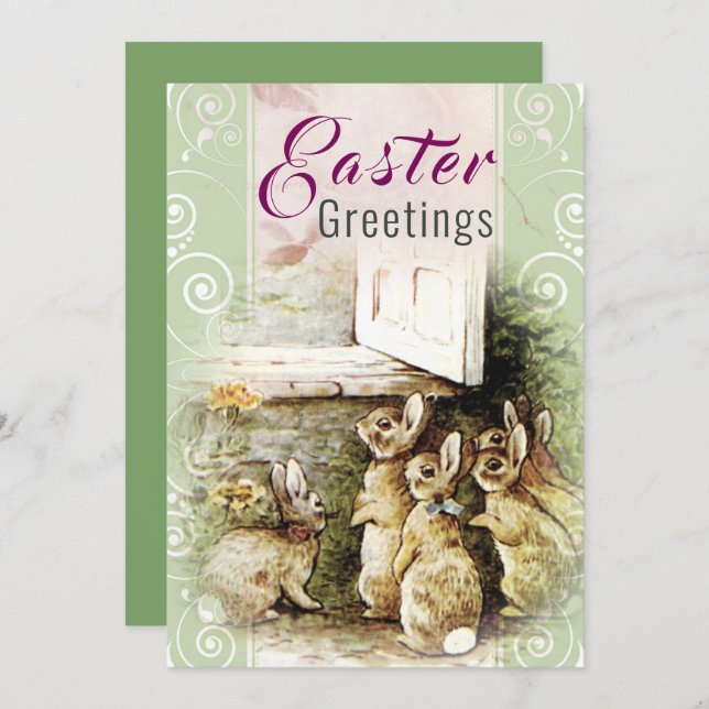 Cute Vintage Bunnies Easter Greetings Holiday Card (Front/Back)