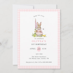 Cute Vintage Bunny Pink Gingham Girl Birthday  Invitation