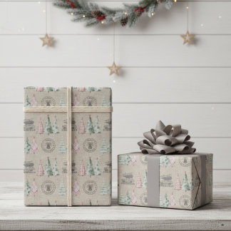 Cute Vintage Burlap Stamp Christmas Tree Pattern Wrapping Paper