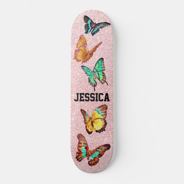Cute Vintage Butterflies Glitter Rose Monogram Skateboard (Front)