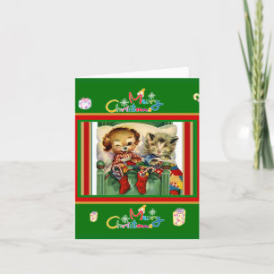 Cute Vintage Card Merry Christmas Kittens Dog