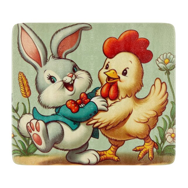 Cute, vintage cartoon Chicken & Rabbit Cutting Board (Front)