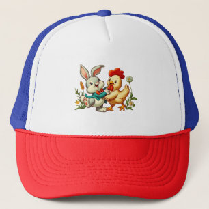 Cute, vintage cartoon Chicken & Rabbit Trucker Hat