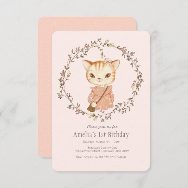 Cute Vintage Cat Girls Birthday Invitation (Front/Back)