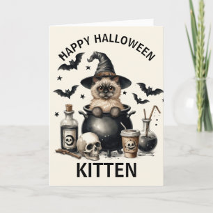 Cute Vintage Cat in a Cauldron Halloween Holiday Card