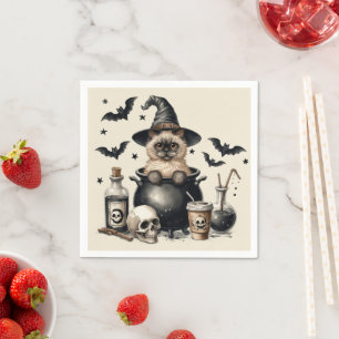 Cute Vintage Cat in a Cauldron Halloween Napkin