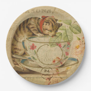 Cute Vintage Cat Tea Cup Floral Collage Paper Plate