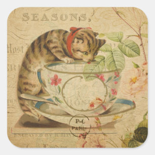 Cute Vintage Cat Tea Cup Floral Collage Square Sticker