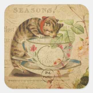 Cute Vintage Cat Tea Cup Floral Collage Square Sticker