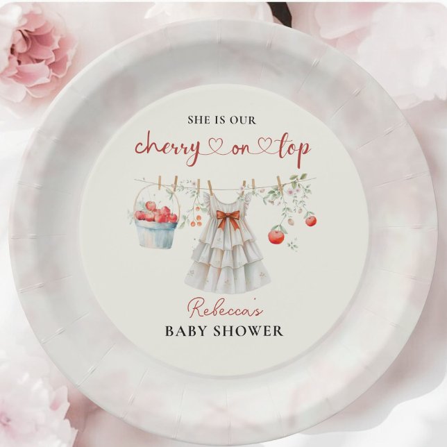 Cute Vintage Cherry Baby Shower  Paper Plate (Creator Uploaded)