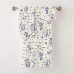Cute Vintage Cherub Cupid Angels Blue Floral Toile Bath Towel Set