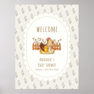 Cute Vintage Chicken Floral Baby Shower Welcome  Poster