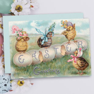 Cute Vintage Chicks in Easter Bonnets Holiday Card