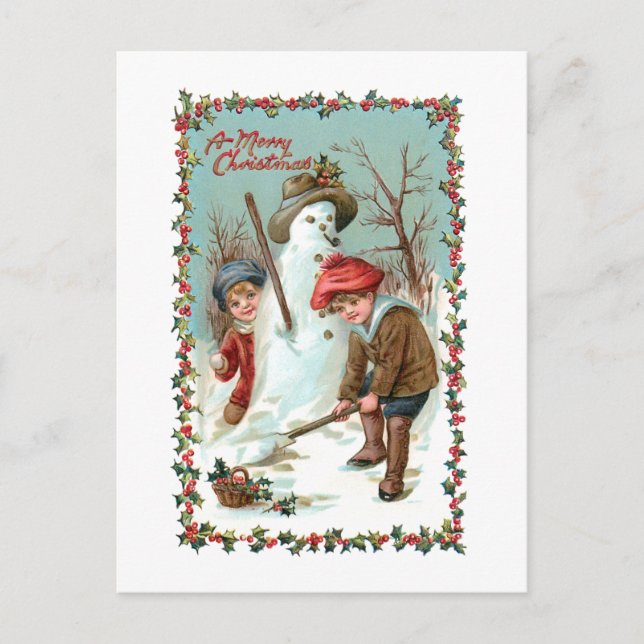 Cute Vintage Children and Snowman Postcard (Front)