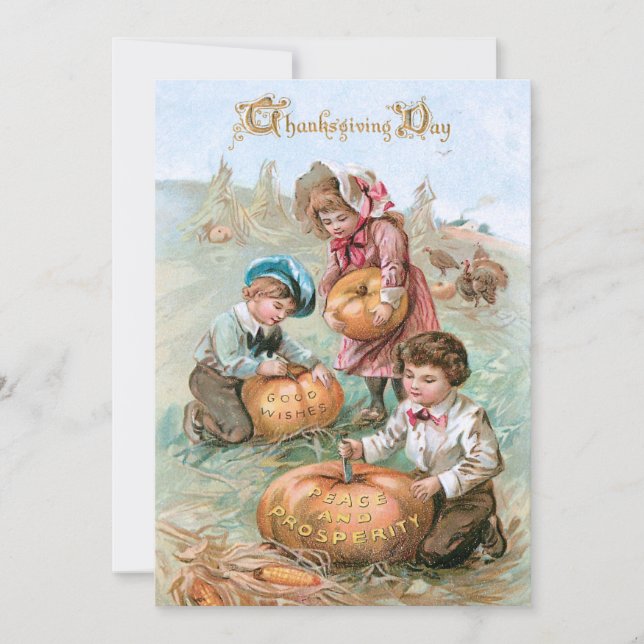 Cute Vintage Children Carving Pumpkins Holiday Card (Front)