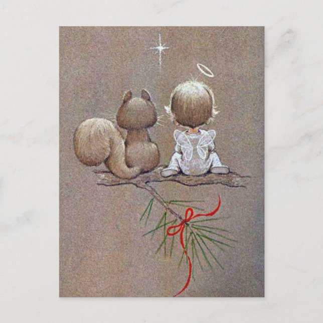 Cute Vintage Christmas Angel and Squirrel Holiday Postcard (Front)