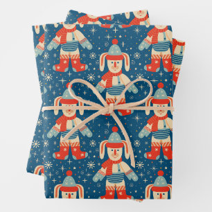 Cute Vintage Christmas Bunny and Snowflakes  Wrapping Paper Sheet