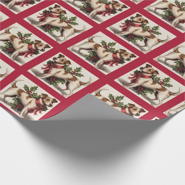 Cute Vintage Christmas Dog Pattern Wrapping Paper (Corner)