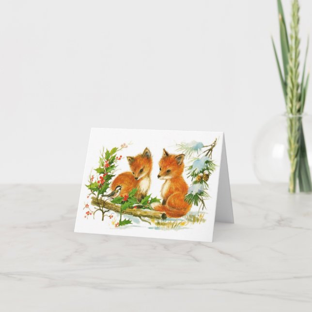 Cute Vintage Christmas Foxes Holiday Card (Front)