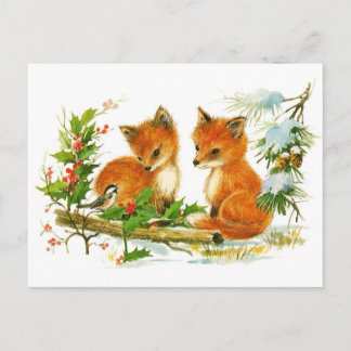 Cute Vintage Christmas Foxes Holiday Postcard