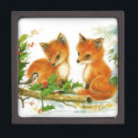Cute Vintage Christmas Foxes Jewellery Box<br><div class="desc">Original vintage retro illustration of cute little foxes at Christmas.</div>