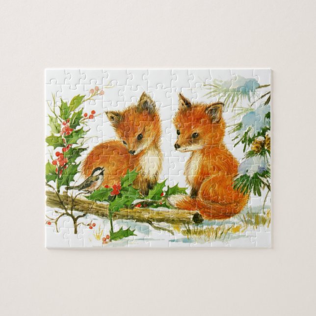 Cute Vintage Christmas Foxes Jigsaw Puzzle (Horizontal)