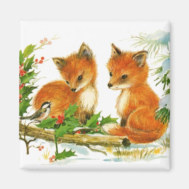 Cute Vintage Christmas Foxes Magnet (Front)