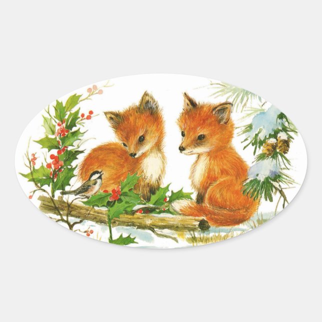 Cute Vintage Christmas Foxes Oval Sticker (Front)