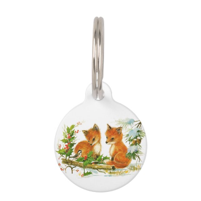 Cute Vintage Christmas Foxes Pet Tag (Front)
