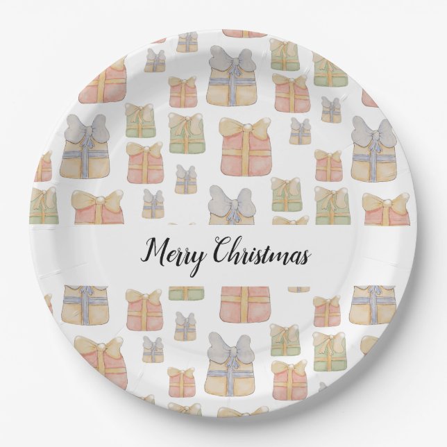 Cute Vintage Christmas Gifts Illustration Paper Plate (Front)